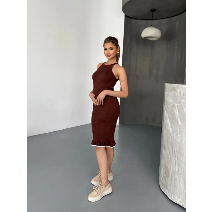 Fırfır Detaylı Triko Elbise- Kahverengi