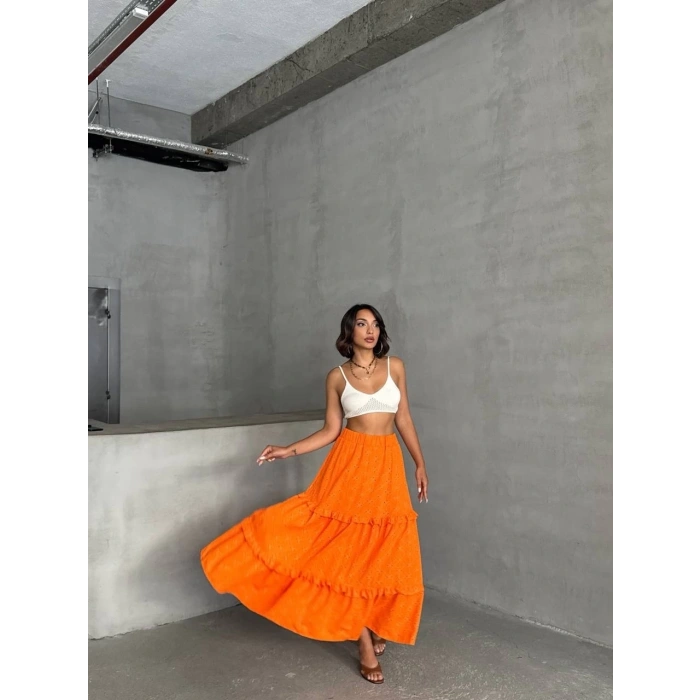 Fırfırlı brodeli astarlı uzun etek turuncu s255047