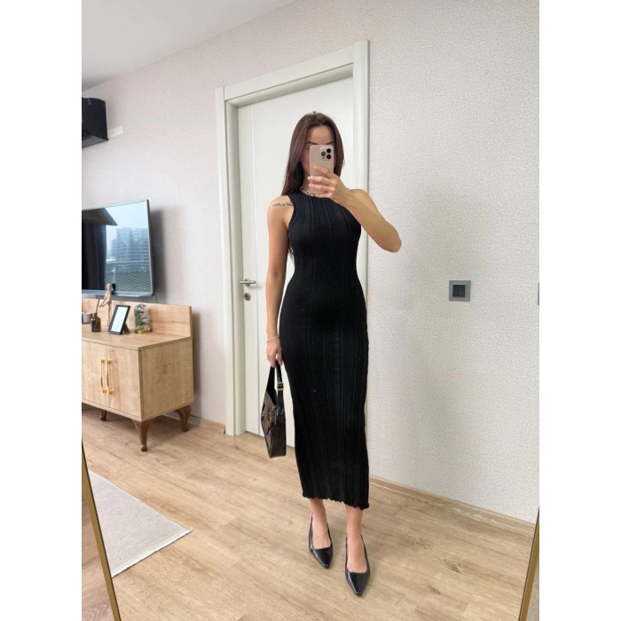 Fitilli Triko Elbise Kolsuz Sırtı Kapalı Maxi Uzun Boy - Siyah