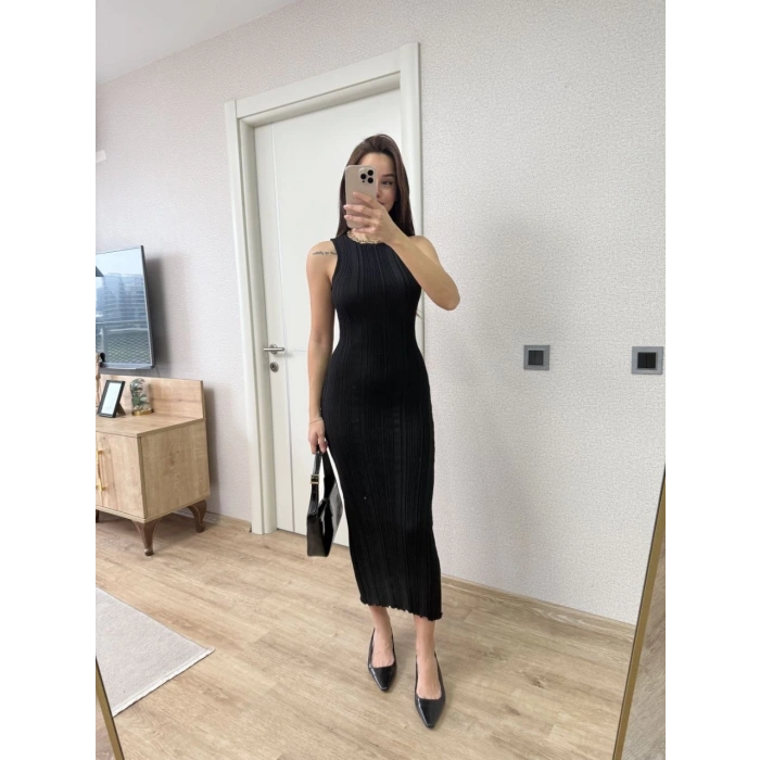 Fitilli Triko Elbise Kolsuz Sırtı Kapalı Maxi Uzun Boy - Siyah
