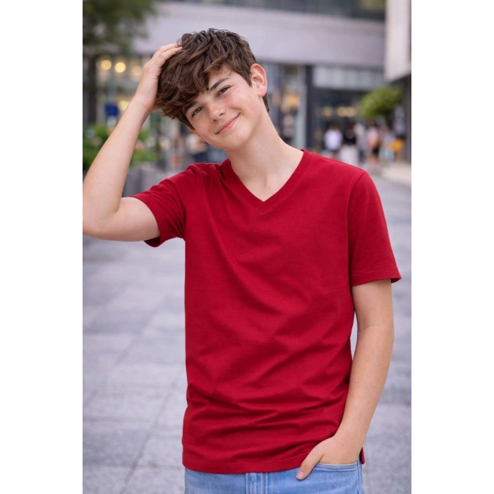 Genç Erkek Çocuk V Yaka Tişört Model - Bordo