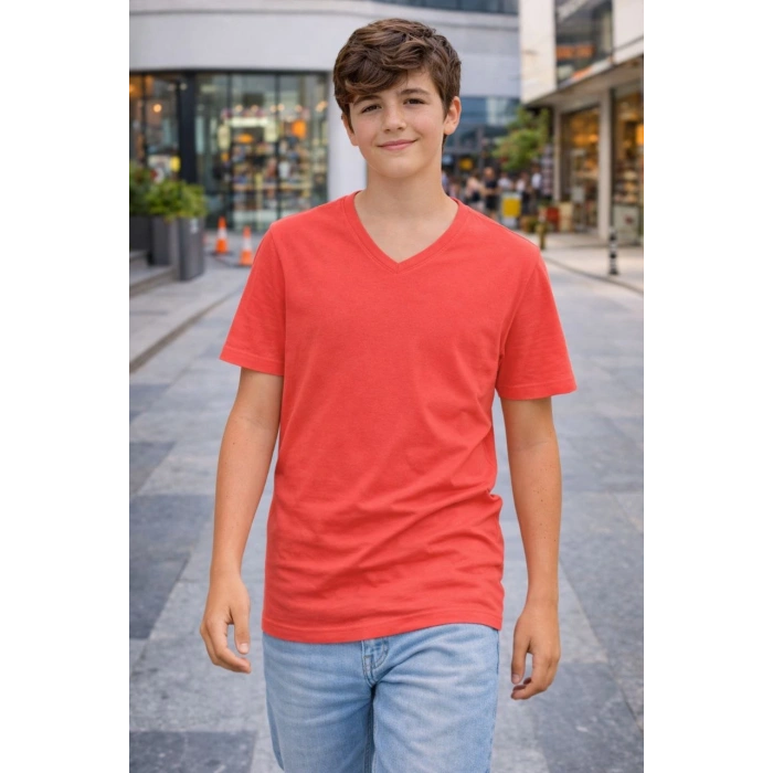 Genç Erkek Çocuk V Yaka Tişört Model - Nar Çiçeği