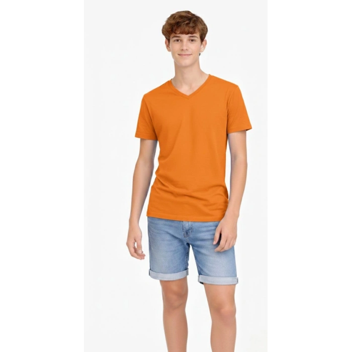 Genç Erkek Çocuk V Yaka Tişört Model - Turuncu