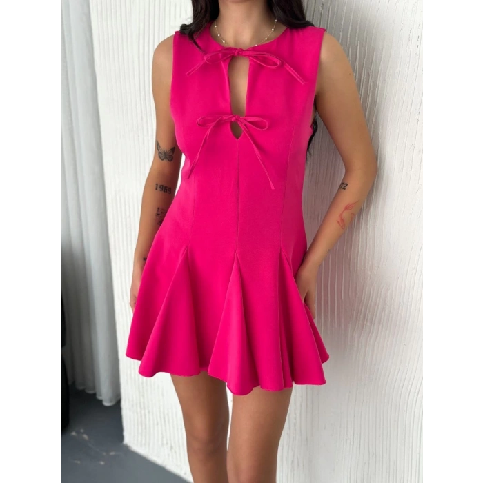 Göğüs Bağlamalı Kolsuz Mini Boy Elbise - Pembe
