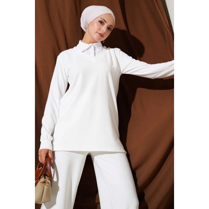 Gömlek Yaka Fitilli Salaş İkili Takım beyaz T4300
