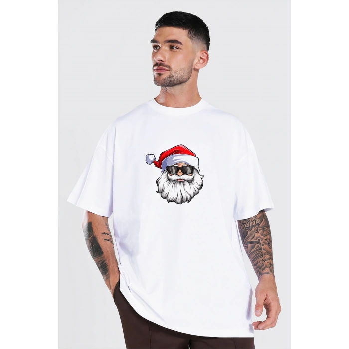 Gözlüklü Noel Baba T-shirt - Beyaz