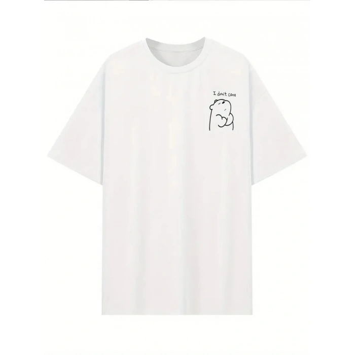 [Günlük T-Shirt] Hafif Kadın Günlük T-Shirt | Bol Kesim, Kısa Kollu, Yuvarlak Yaka, Eğlenceli Karikatür Ayı ve Umrumda Değil Baskı - Günlük Stil, İlkbahar/Yaz- Beyaz