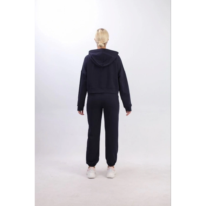iki iplik Kapüşonlu Fermuarlı Crop Oversize Hırka Takım- Lacivert