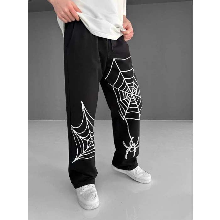 İki İplik Kumaş Örümcek Baskılı Esofman - Siyah