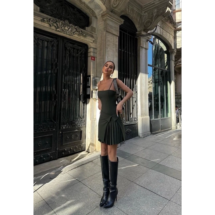 İki Parçalı Pileli Askılı Kadın Mini Elbise - Haki