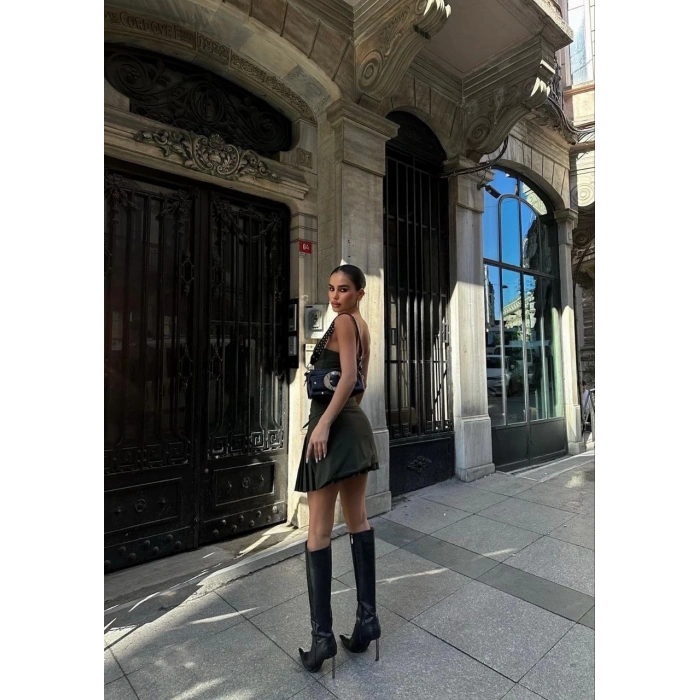 İki Parçalı Pileli Askılı Kadın Mini Elbise - Haki