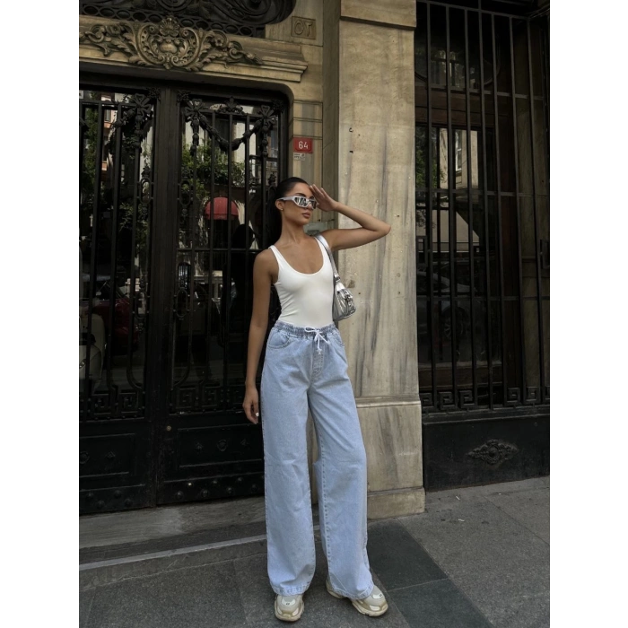 Kadın Arkadan Yırtmaçlı Jeans Kot Palazzo Pantolon - Mavi