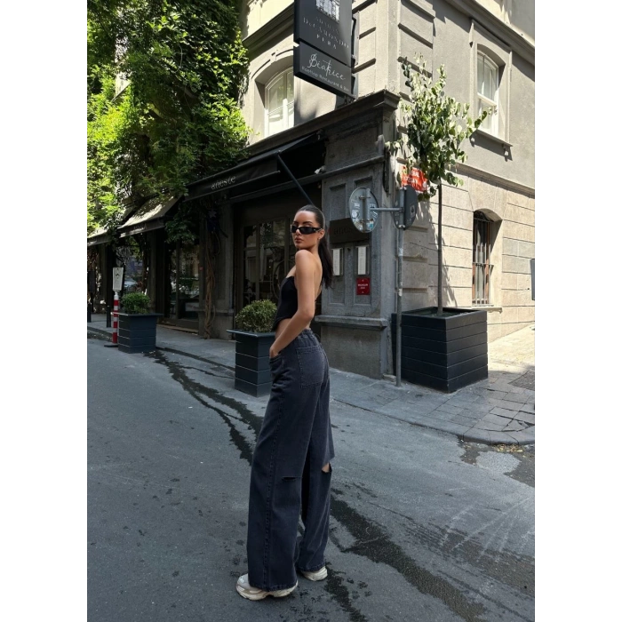 Kadın Arkadan Yırtmaçlı Jeans Kot Palazzo Pantolon - Siyah