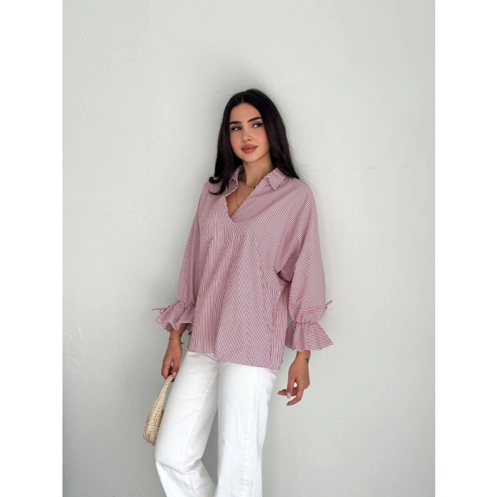 Kadın Arkası Asimetrik Yırtmaç Kesim Detaylı Cizgili Bluz Gömlek - Bordo
