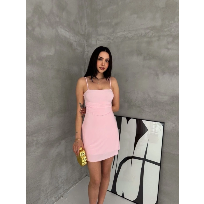 Kadın Askılı Şifon Mini Elbise Drapeli Bel Vücuda Oturan Yazlık Şık - Pembe