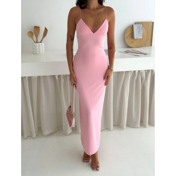 Kadın Askılı Uzun Elbise V Yaka Şık Gece Elbisesi Vücuda Oturan - Pembe