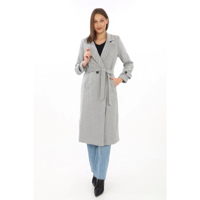 Kadın Astarlı Balık Sırtı Kaşmir Kaşe Kaban - Gri