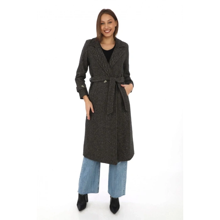 Kadın Balık Sırtı Kaşe Kaban – Uzun Boy Kruvaze Yaka Kuşaklı Astarlı Kışlık Tesettür Kaban, Yünlü Dokuma Kaşmir Kumaş, Cepli Rahat Oversize Kalıp Şık Modern Kaban Mont Modeli (Günlük ve Özel Gün Kombinlerine Uygun) - Kahverengi