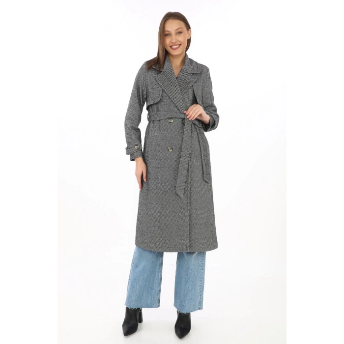 Kadın Balık Sırtı Kaşmir Uzun Kaşe Kaban - Boyalı Gri