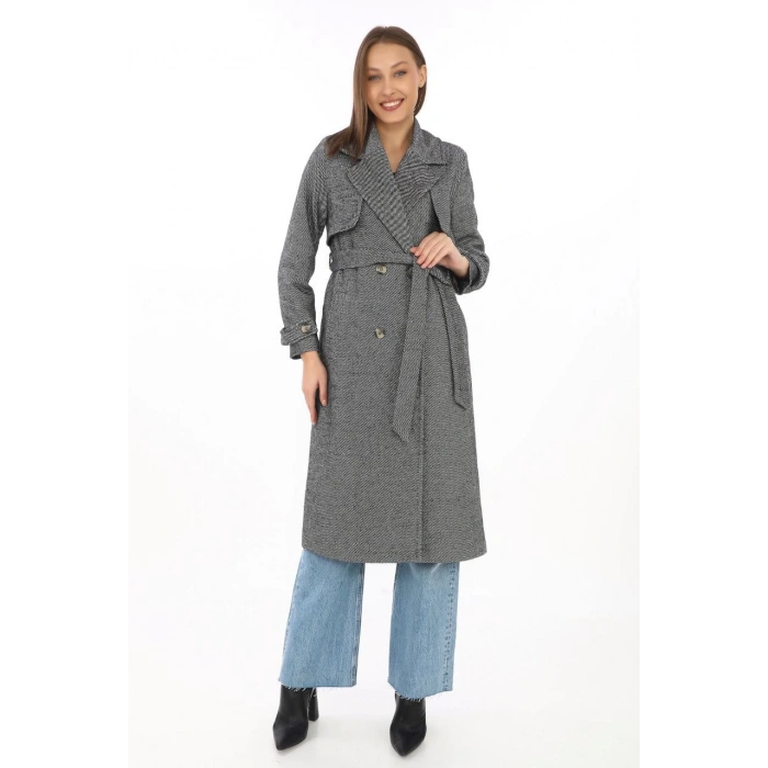 Kadın Balık Sırtı Kaşmir Uzun Kaşe Kaban - Boyalı Gri