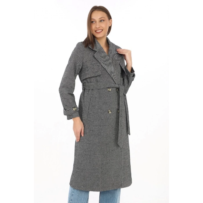 Kadın Balık Sırtı Kaşmir Uzun Kaşe Kaban - Füme