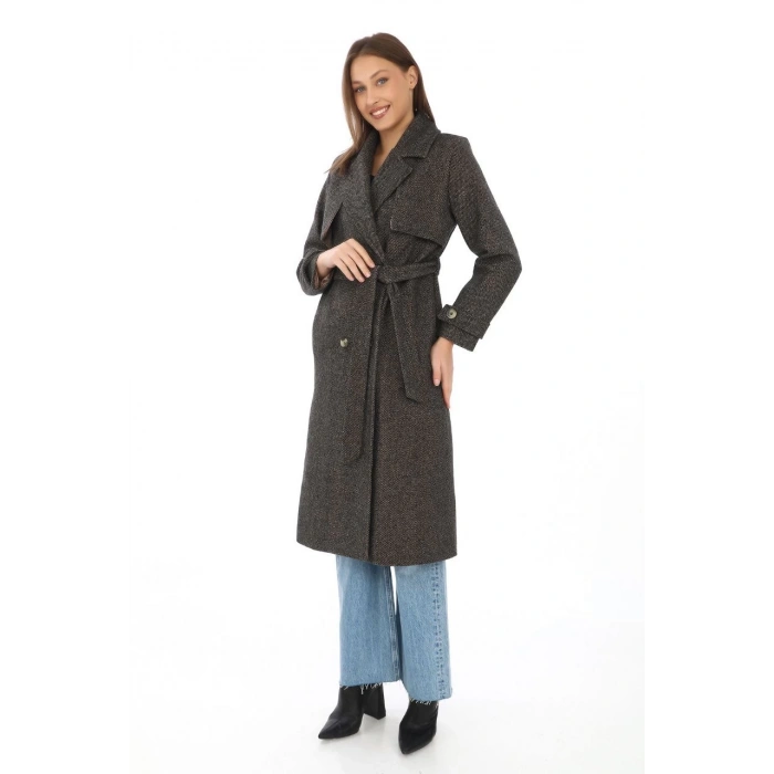 Kadın Balık Sırtı Yünlü Dokuma Kaşe Kaban – Kruvaze Yaka, Kuşaklı, Cepli, Astarlı Uzun Boy Tesettür Şık Kışlık Kaşe Kaban Modeli - Kahverengi