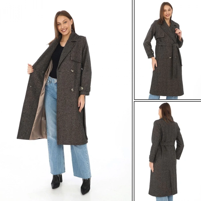 Kadın Balık Sırtı Yünlü Dokuma Kaşe Kaban – Kruvaze Yaka, Kuşaklı, Cepli, Astarlı Uzun Boy Tesettür Şık Kışlık Kaşe Kaban Modeli - Kahverengi