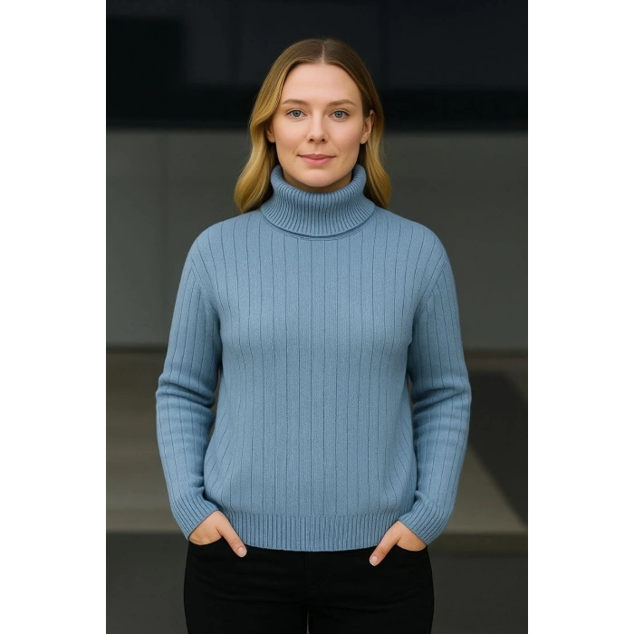Kadın Balıkcı Yaka Bağazlı Triko Kazak Pamuklu Kalın Fitilli Dokuma - Bebek Mavisi