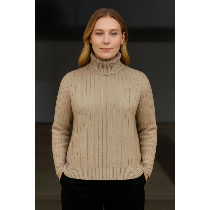 Kadın Balıkcı Yaka Bağazlı Triko Kazak Pamuklu Kalın Fitilli Dokuma - Bej