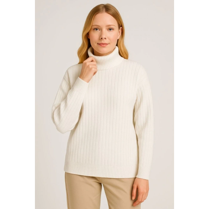 Kadın Balıkcı Yaka Bağazlı Triko Kazak Pamuklu Kalın Fitilli Dokuma - Beyaz