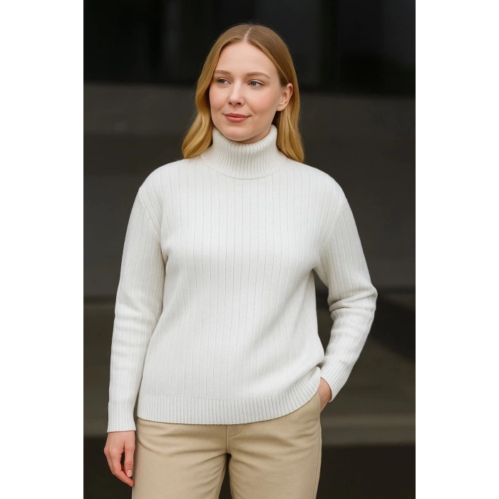 Kadın Balıkcı Yaka Bağazlı Triko Kazak Pamuklu Kalın Fitilli Dokuma - Beyaz