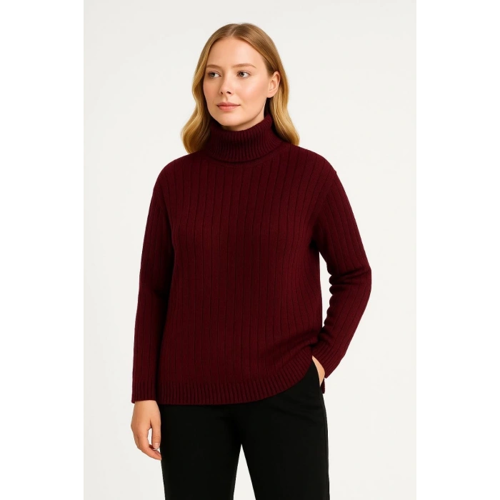 Kadın Balıkcı Yaka Bağazlı Triko Kazak Pamuklu Kalın Fitilli Dokuma - Bordo