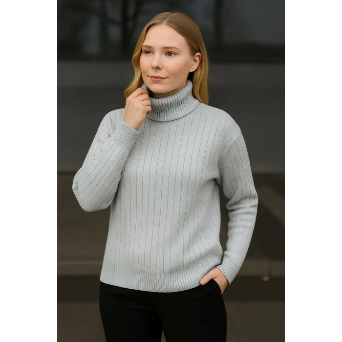 Kadın Balıkcı Yaka Bağazlı Triko Kazak Pamuklu Kalın Fitilli Dokuma - Gri
