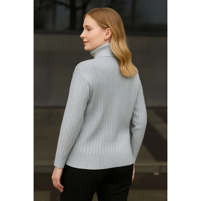 Kadın Balıkcı Yaka Bağazlı Triko Kazak Pamuklu Kalın Fitilli Dokuma - Gri