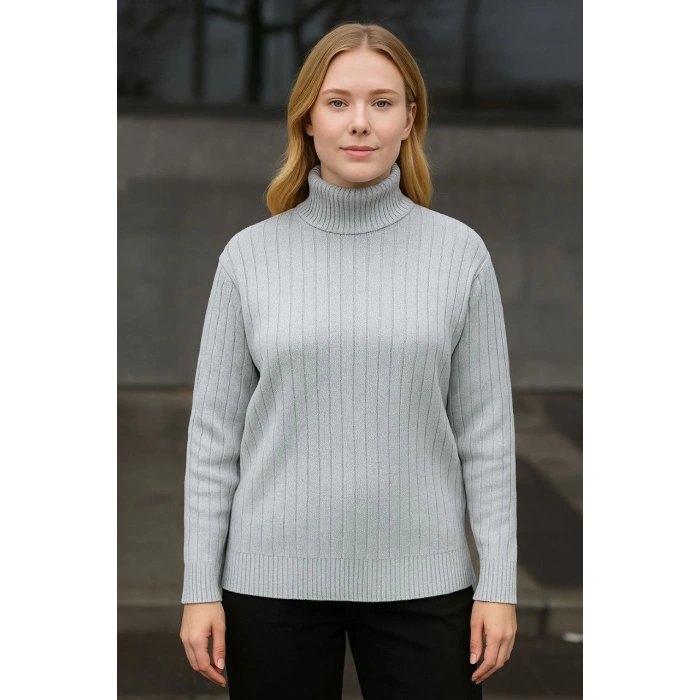 Kadın Balıkcı Yaka Bağazlı Triko Kazak Pamuklu Kalın Fitilli Dokuma - Gri