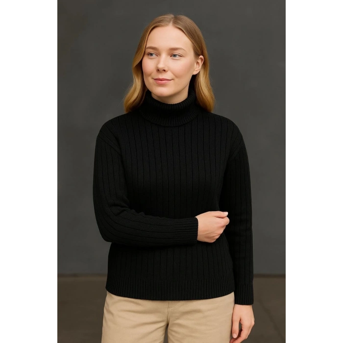 Kadın Balıkcı Yaka Bağazlı Triko Kazak Pamuklu Kalın Fitilli Dokuma - Siyah