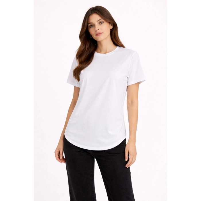 Kadın Basic T-Shirt Kısa Kol Bisiklet Yaka Oval Kesim Tişört - Beyaz