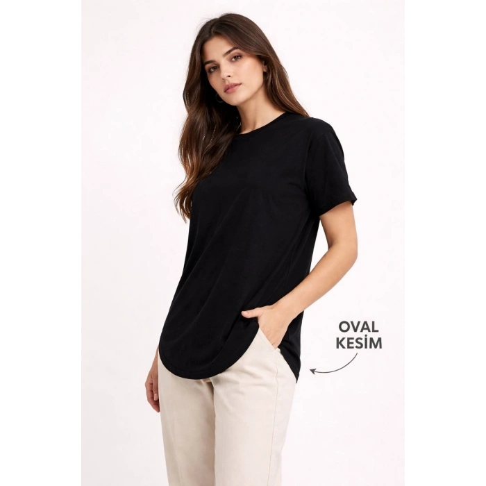 Kadın Basic T-Shirt Kısa Kol Bisiklet Yaka Oval Kesim Tişört - Siyah