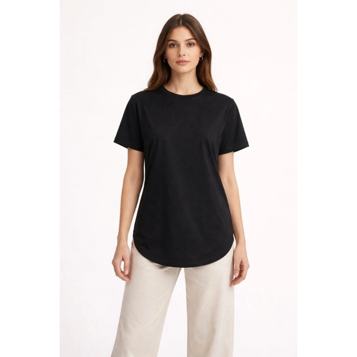 Kadın Basic T-Shirt Kısa Kol Bisiklet Yaka Oval Kesim Tişört - Siyah