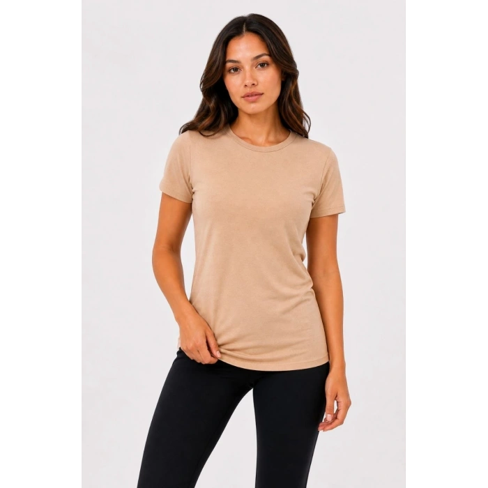 Kadın Basic Tişört Bisiklet Yaka Kısa Kol Günlük Yazlık Slim fit T-Shirt - Bej