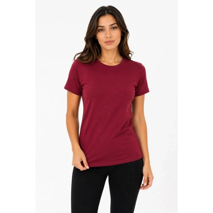 Kadın Basic Tişört Bisiklet Yaka Kısa Kol Günlük Yazlık Slim fit T-Shirt - Bordo