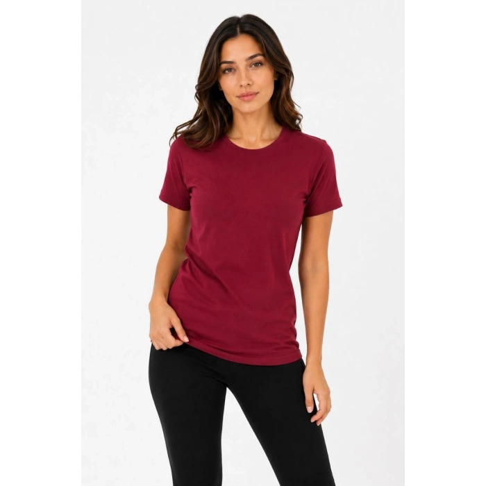 Kadın Basic Tişört Bisiklet Yaka Kısa Kol Günlük Yazlık Slim fit T-Shirt - Bordo