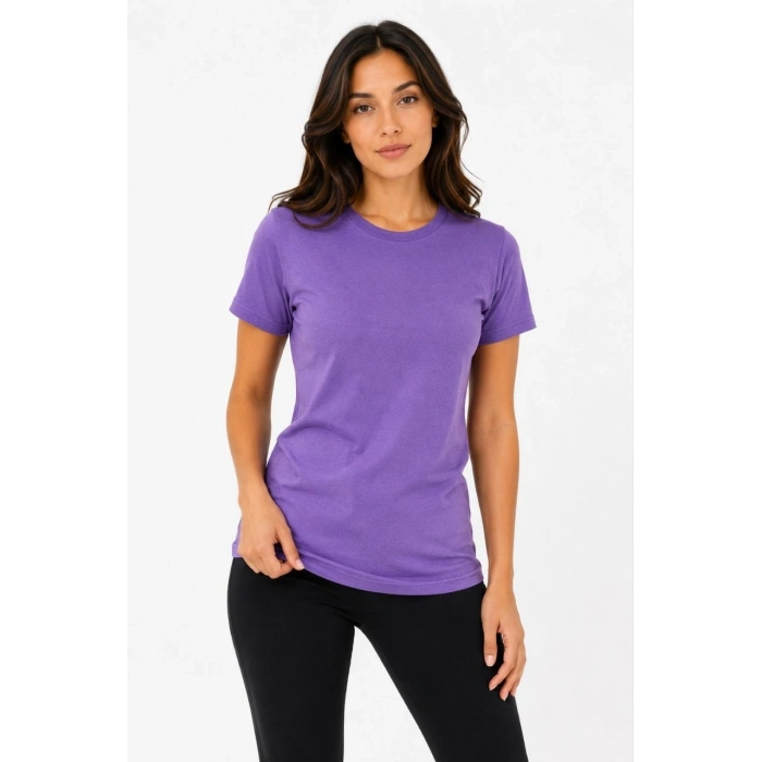 Kadın Basic Tişört Bisiklet Yaka Kısa Kol Günlük Yazlık Slim fit T-Shirt - Mor