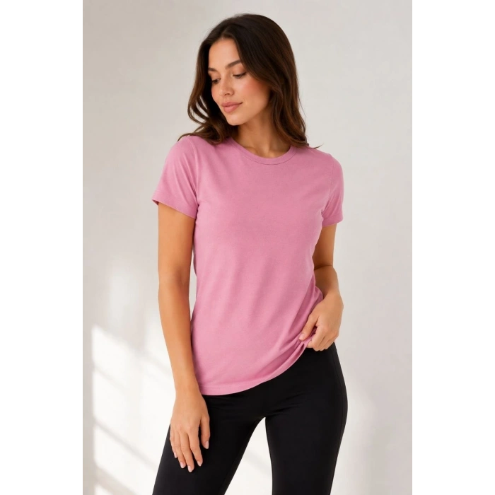 Kadın Basic Tişört Bisiklet Yaka Kısa Kol Günlük Yazlık Slim fit T-Shirt - Pembe