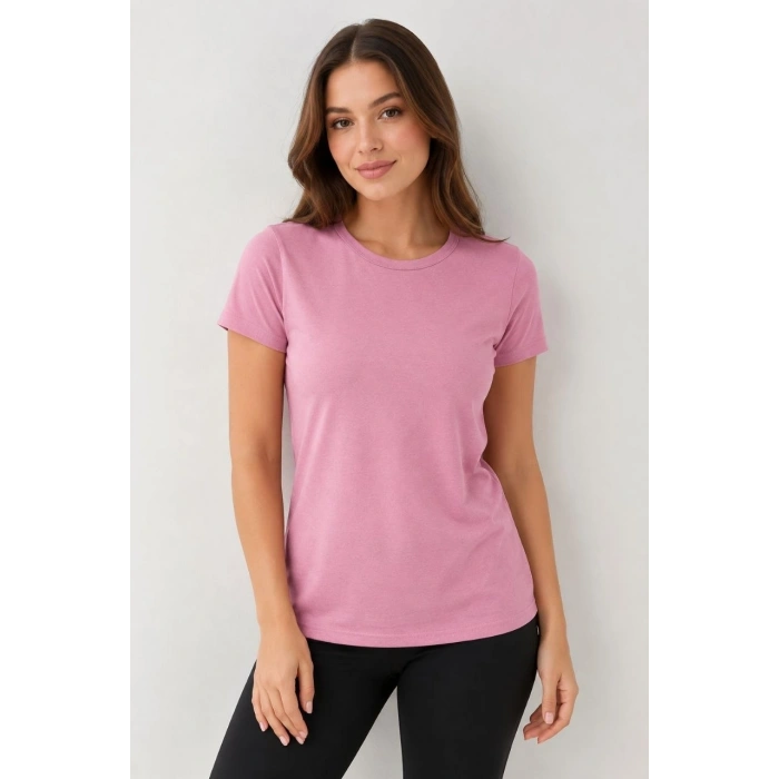 Kadın Basic Tişört Bisiklet Yaka Kısa Kol Günlük Yazlık Slim fit T-Shirt - Pembe