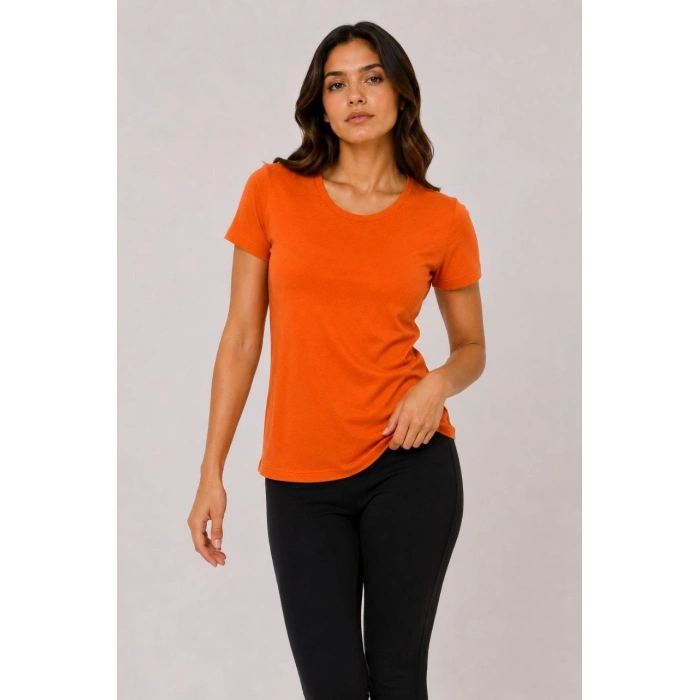 Kadın Basic Tişört Bisiklet Yaka Kısa Kol Günlük Yazlık Slim fit T-Shirt - Turuncu