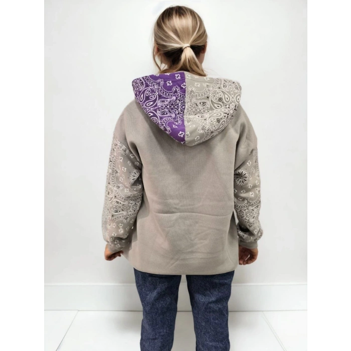 Kadın Baskılı Kapüşonlu Sweatshirt - Gri