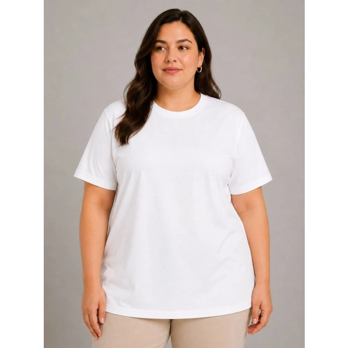 Kadın Battal Big Size Basic Tişört Bisiklet Yaka Rahat Kalıp T-Shirt - Beyaz