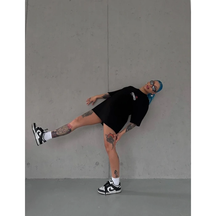 Kadın Bisiklet Yaka Baskılı kısa kol Oversize T-Shirt - Siyah