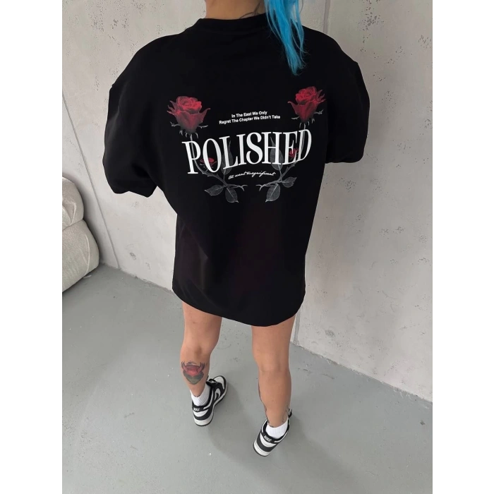 Kadın Bisiklet Yaka Baskılı kısa kol Oversize T-Shirt - Siyah